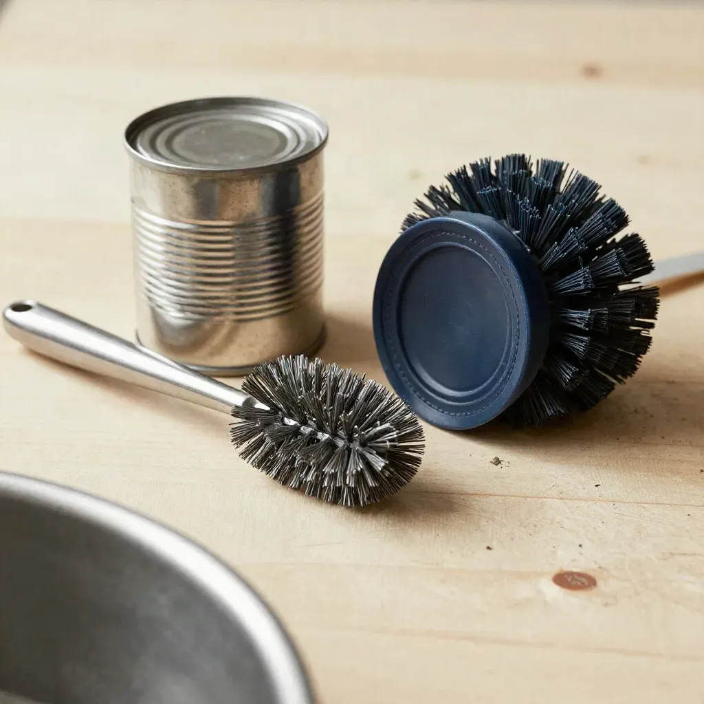 Sanitation brush, clip-seal tin, and navy gasket on pale wood with soft steam