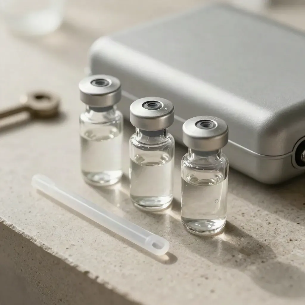 Macro vials and a cold-chain cartridge on pale stone with crisp white highlights.