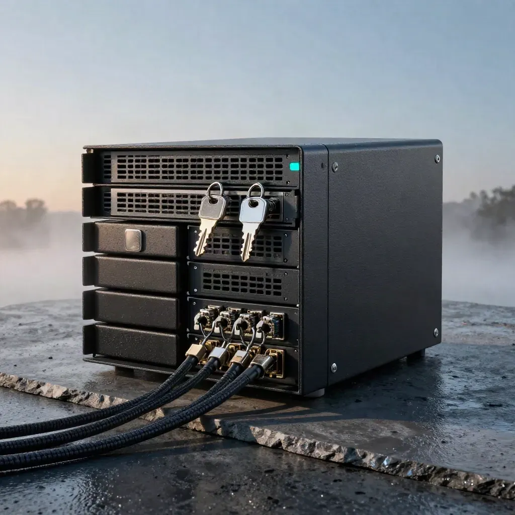 Matte-black firewall appliance with security keys, cables, backup drive, and misty wet reflections on slate.