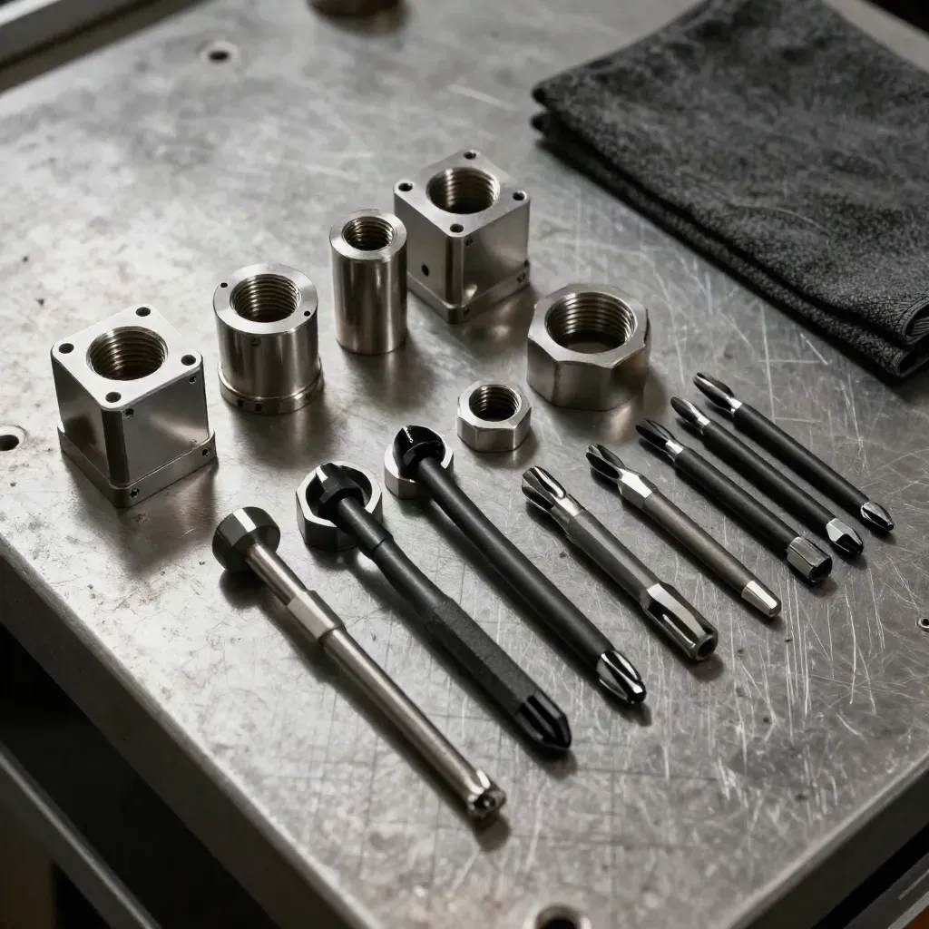 Overhead still life of sensor housings, cable glands, and torque bits on brushed steel.