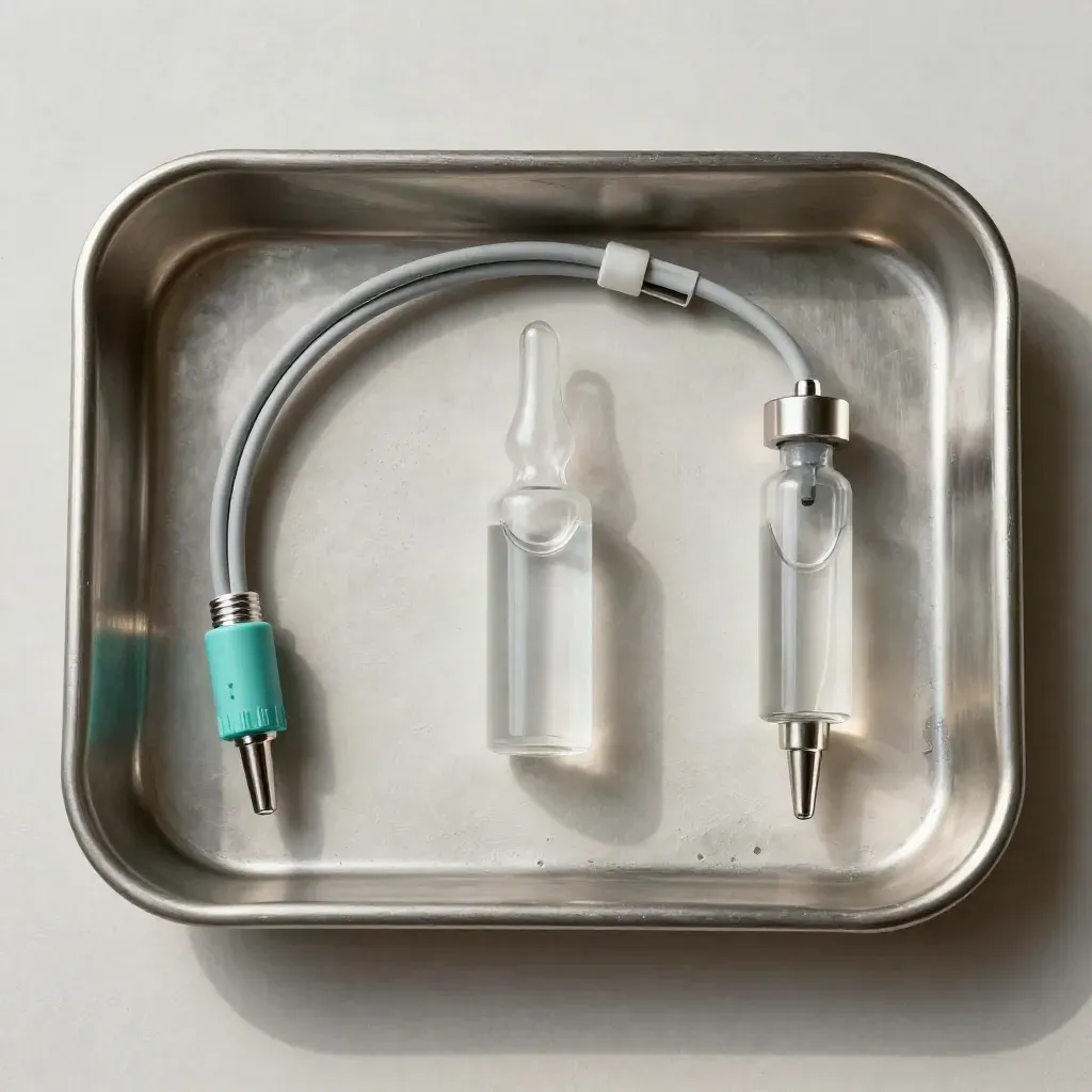 Top-down healthcare still life with metal tray, cable, and ampoule holder on plaster.