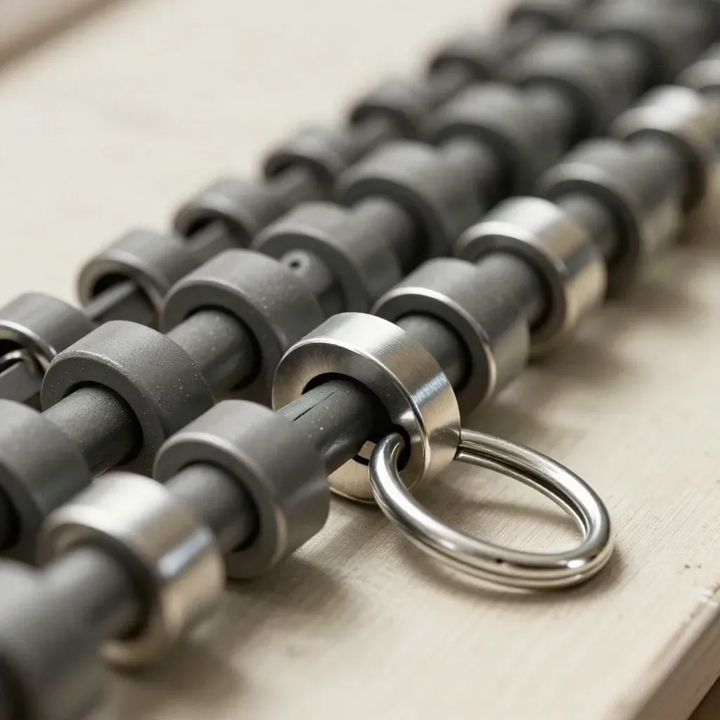 Cargo seals, anodized clips, and a tether ring on brushed metal in dramatic macro light.