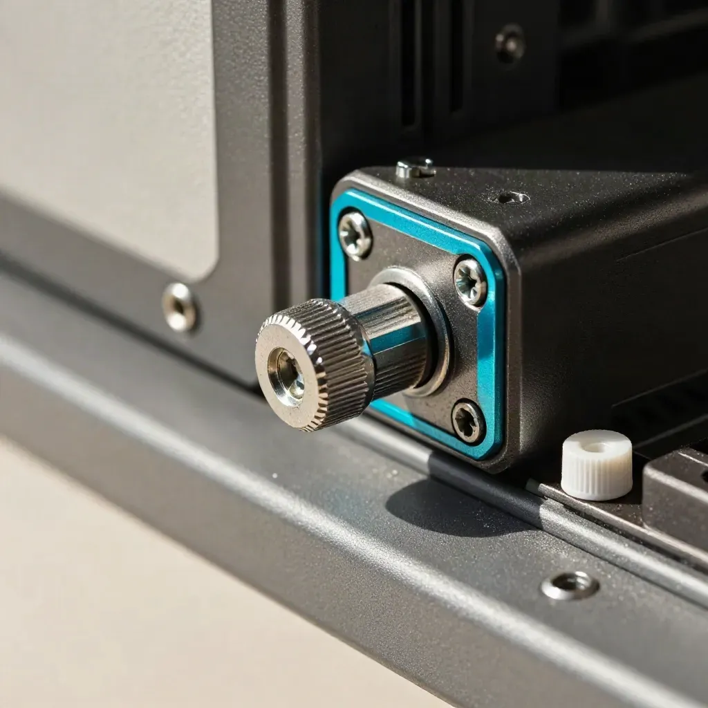 Macro of a port blocker locking onto rugged hardware beside screws and an insulating cap.