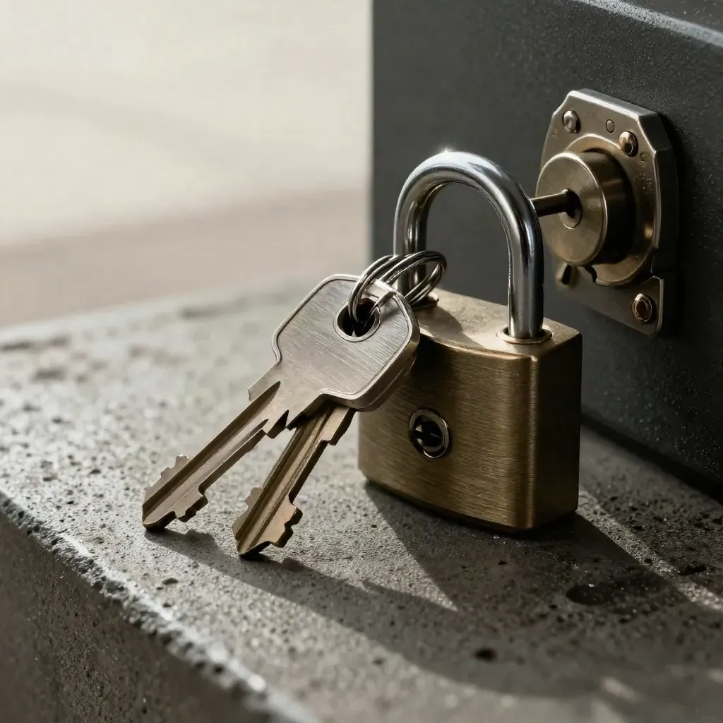 Vault key ring, access token, and lock cylinder stacked on dark concrete under dramatic studio light.