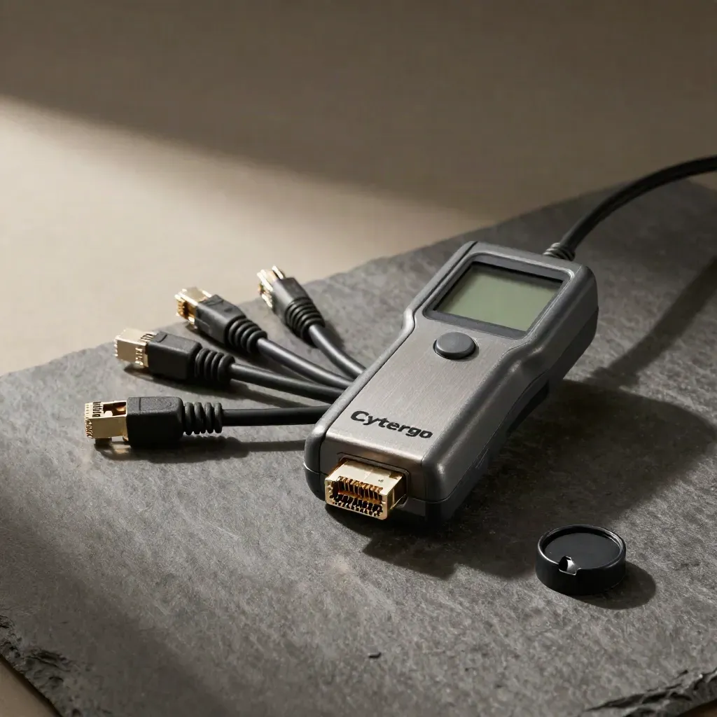 Ethernet cable tester with patch leads and an RJ45 head on graphite slate, lit like a premium ad.