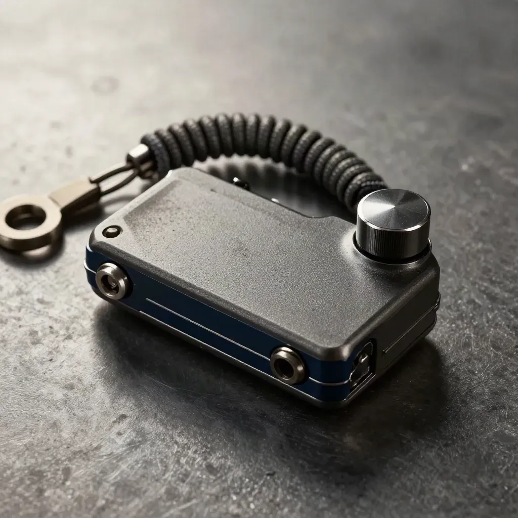 Rugged alert puck, coiled lanyard and sealed cap on brushed metal in dramatic macro.