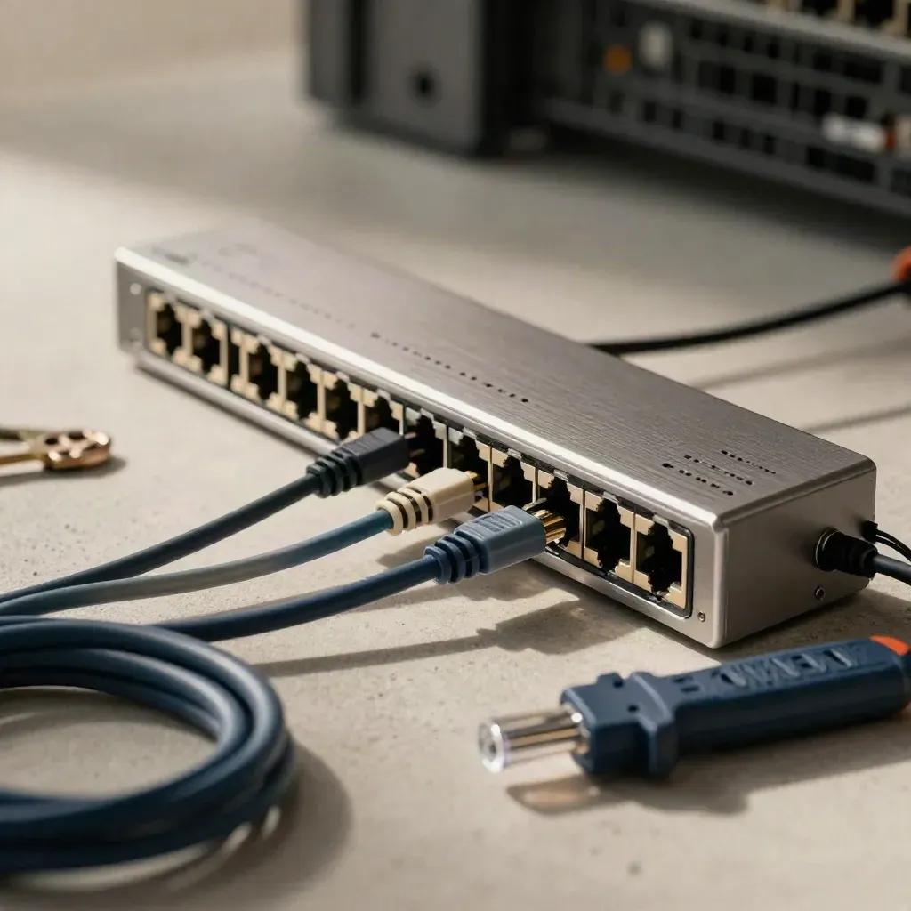 Macro of rack switch, coiled patch leads, and a cable tester on a concrete workbench.