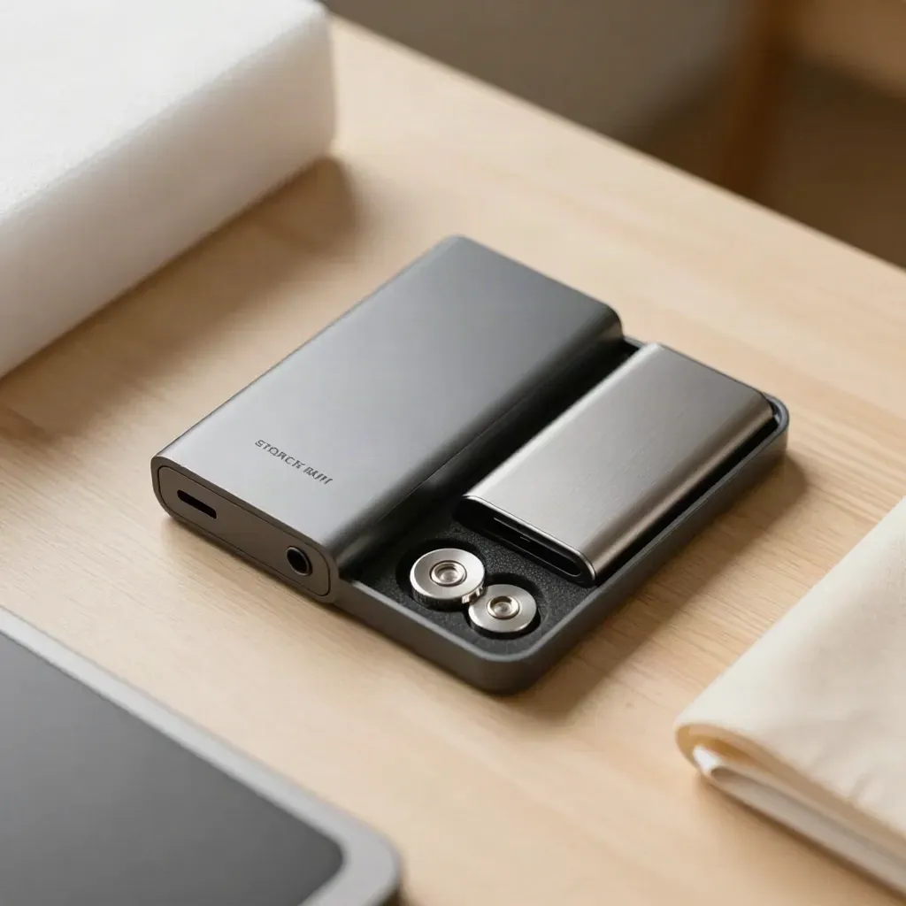Firewall starter kit with backup drive and security tokens on pale brushed wood