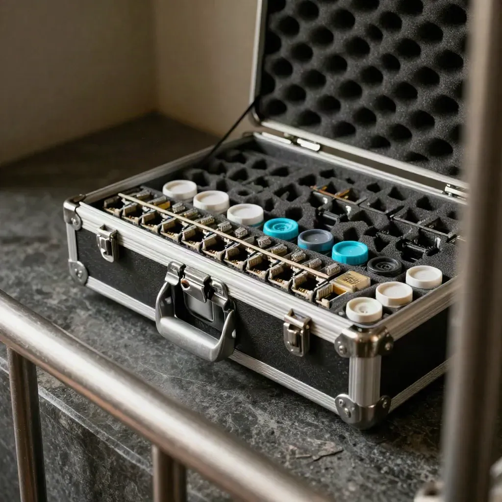 Open service case with network adapters and a latch on dark stone, shot through a steel rail.