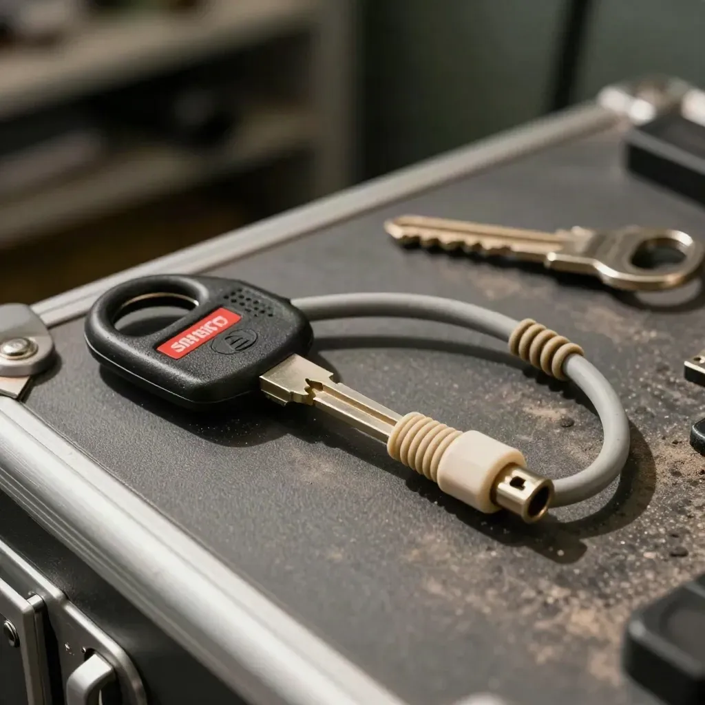 Compact radio accessory, red-tagged lockout key, and coiled cable on graphite.