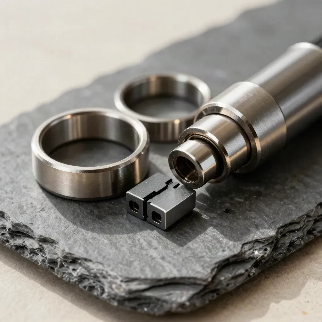 Macro still life of linked metal rings, connector sleeve, and modular blocks on slate.