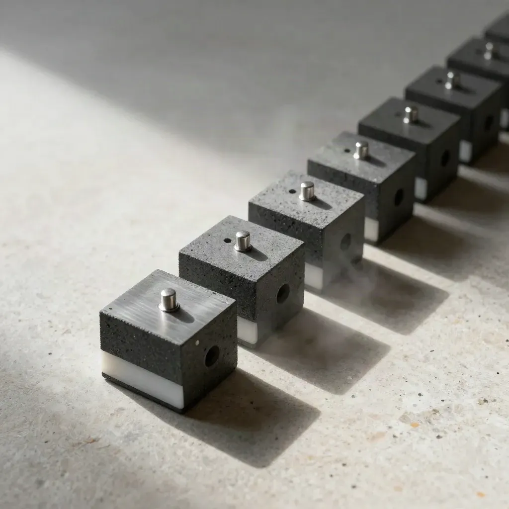 Modular blocks and connector plate on pale stone, lit with soft directional light.
