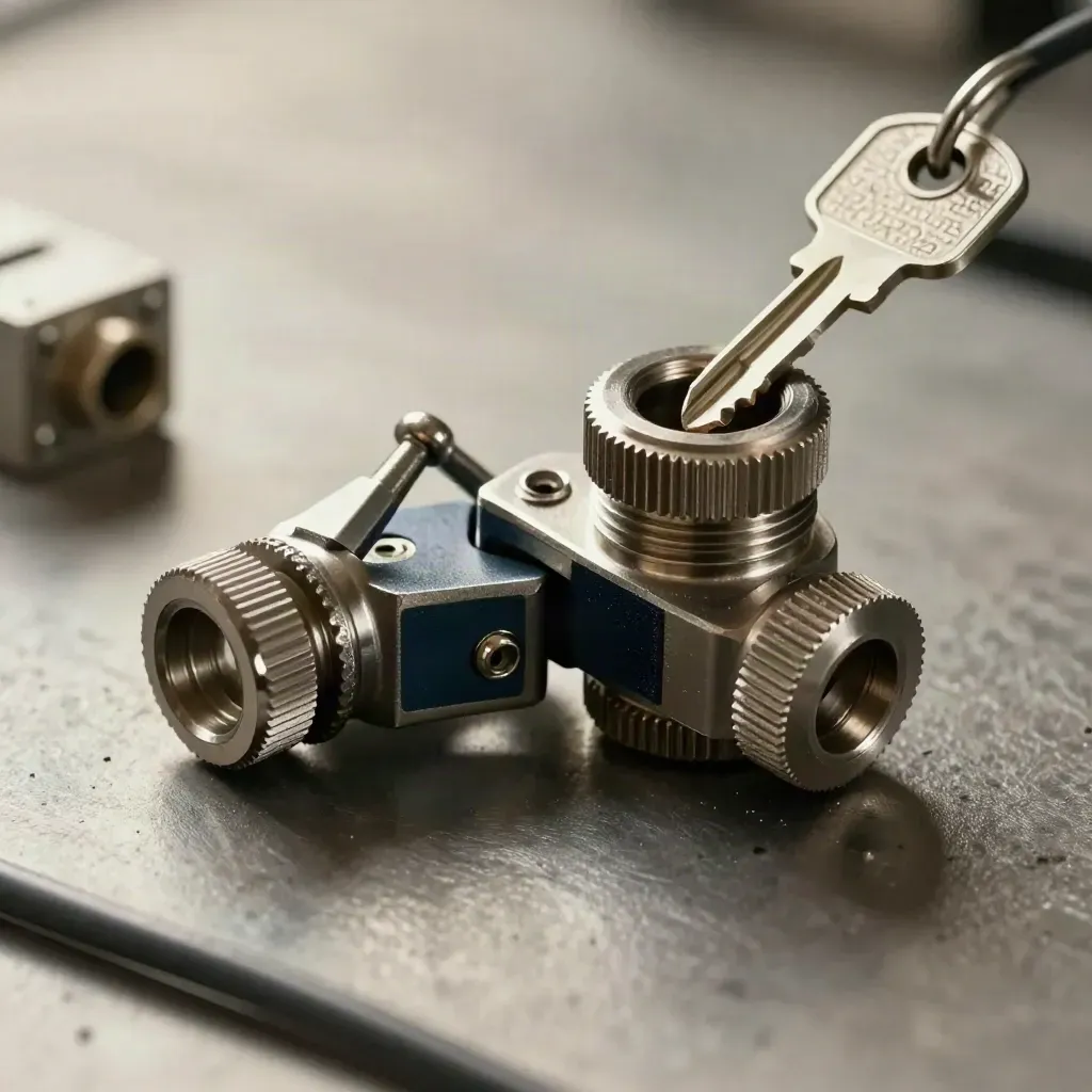 Machined brackets and a knurled coupling on brushed steel, lit in a dramatic cyber-integration still life.