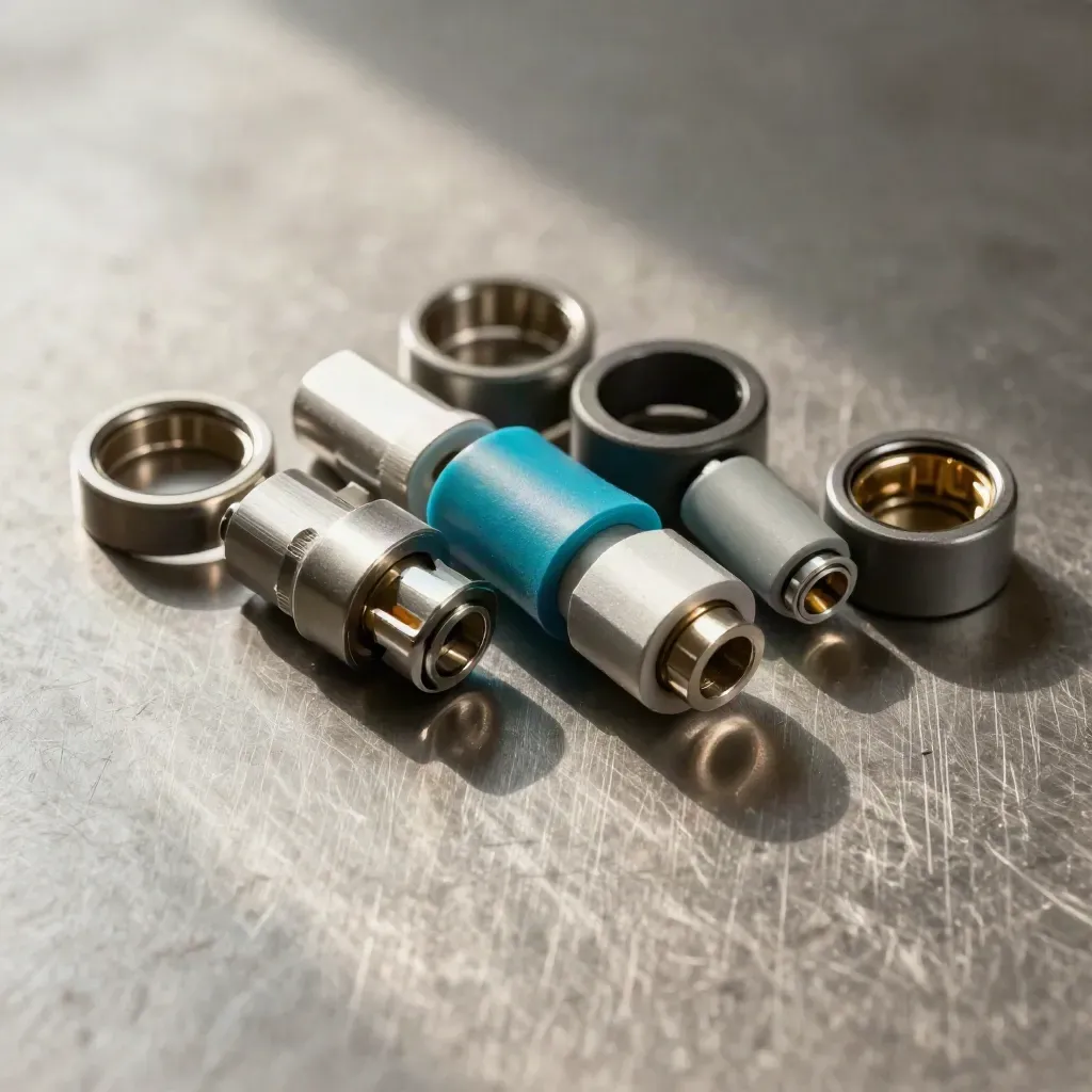 Top-down metal couplers and clamp rings on brushed steel with cyan accent light.